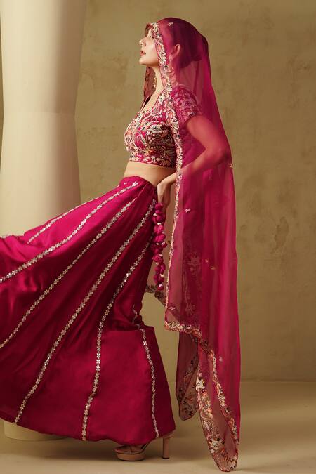 Shop Kesar Studio Red Silk, Organza Embroidery Round Neck Cherry Hand Lehenga Set at Aza Fashions Shop_Kesar Studio_Red Silk, Organza Embroidery Round Neck Cherry Hand Lehenga Set_at_Aza_Fashions