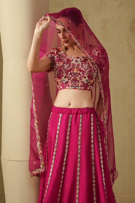 Kesar Studio Red Silk, Organza Embroidery Round Neck Cherry Hand Lehenga Set Online at Aza Fashions Kesar Studio_Red Silk, Organza Embroidery Round Neck Cherry Hand Lehenga Set_Online_at_Aza_Fashions