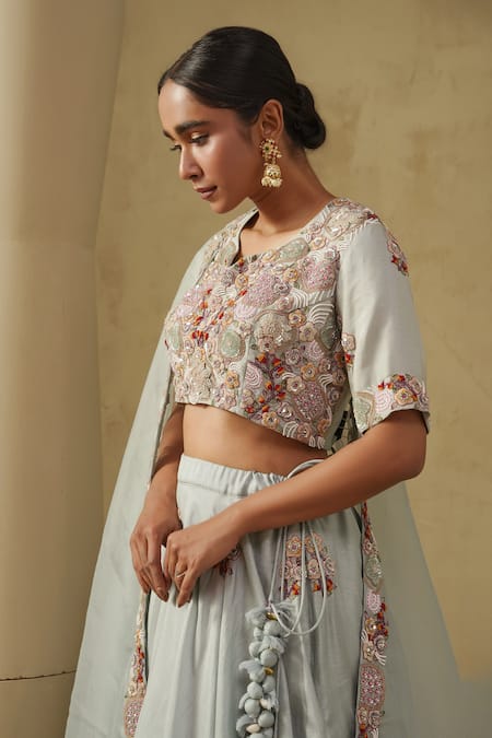 Kesar Studio_Blue Silk, Organza Embroidery Round Neck Aasmani Hand Lehenga Set_Online_at_Aza_Fashions