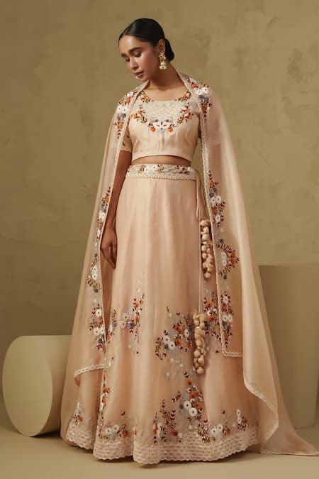 Kesar Studio Pink Silk, Organza Embroidery Round Neck Malang Lehenga Set 