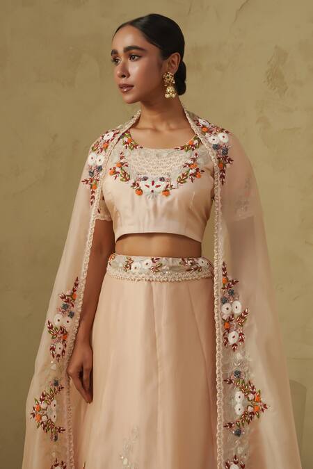 Buy_Kesar Studio_Pink Silk, Organza Embroidery Round Neck Malang Lehenga Set_Online_at_Aza_Fashions