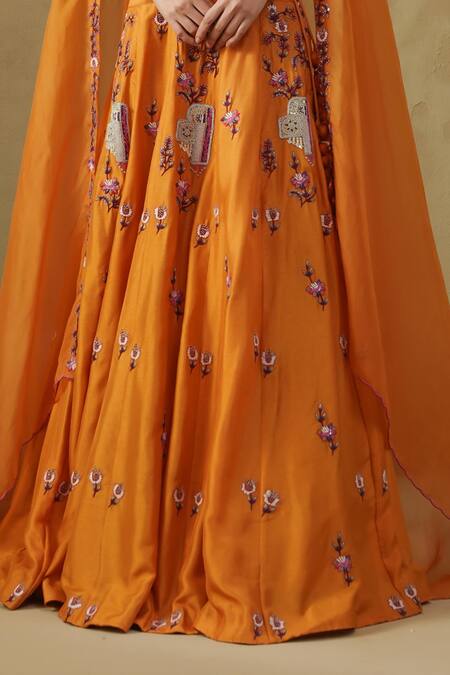 Kesar Studio_Orange Silk, Organza Embroidery V-neck Designer Lehenga Set_Online_at_Aza_Fashions