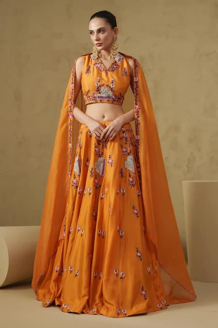 Kesar Studio Orange Silk, Organza Embroidery V-neck Designer Lehenga Set 