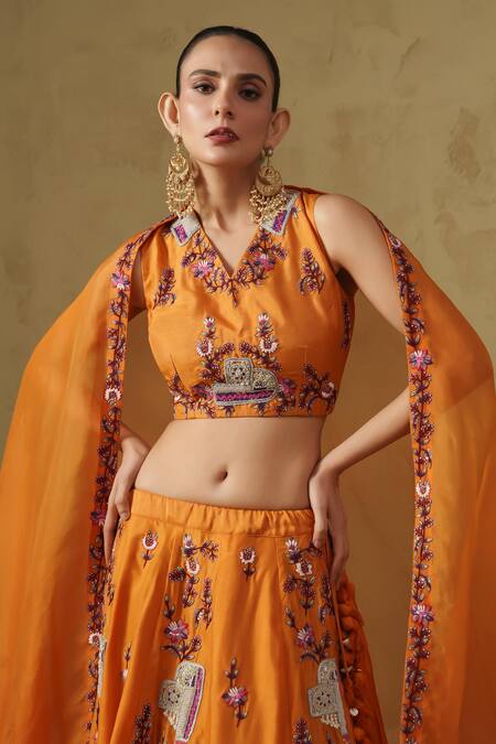 Buy_Kesar Studio_Orange Silk, Organza Embroidery V-neck Designer Lehenga Set_Online_at_Aza_Fashions