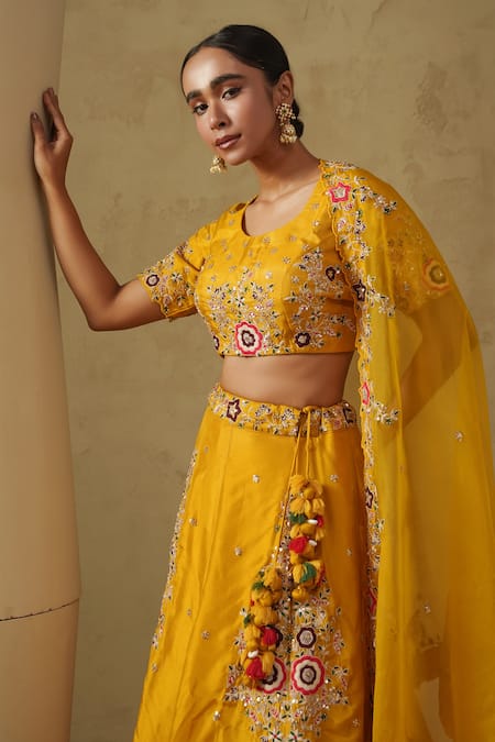 Kesar Studio_Yellow Silk, Organza Embroidery, Tassels Round Neck Masakali Lehenga Set_Online_at_Aza_Fashions