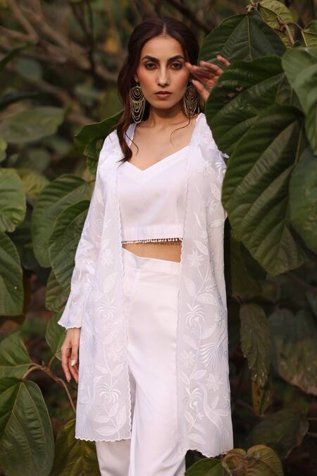 Nazar By Indu_White Cotton, Organza Embroidery Open , Square Designer Set _Online_at_Aza_Fashions