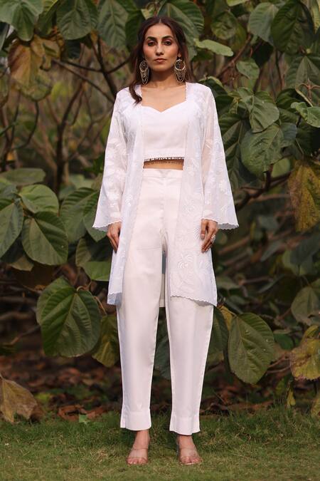 Buy_Nazar By Indu_White Cotton, Organza Embroidery Open , Square Designer Set _Online_at_Aza_Fashions