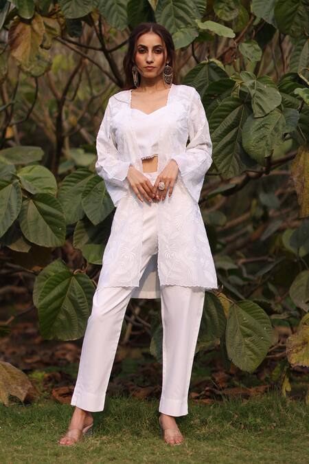 Shop_Nazar By Indu_White Cotton, Organza Embroidery Open , Square Designer Set _Online_at_Aza_Fashions