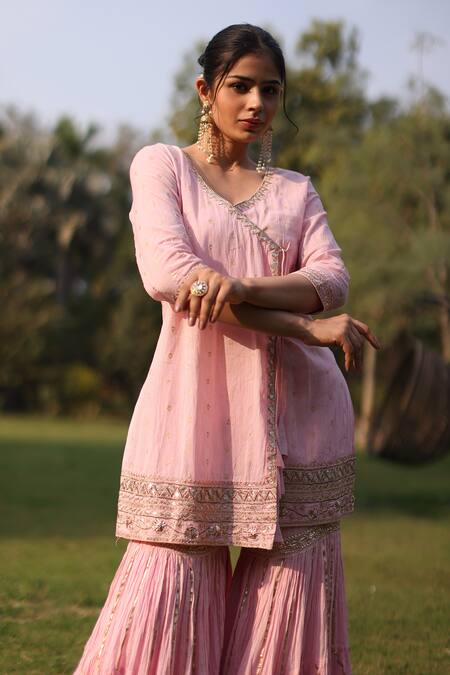 Nazar By Indu_Pink Cotton Sequins, Embroidery Round Neck Designer Angrakha Set _Online_at_Aza_Fashions