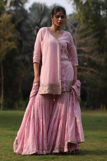 Buy_Nazar By Indu_Pink Cotton Sequins, Embroidery Round Neck Designer Angrakha Set _Online_at_Aza_Fashions