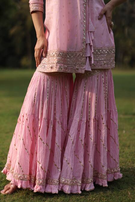 Shop_Nazar By Indu_Pink Cotton Sequins, Embroidery Round Neck Designer Angrakha Set _Online_at_Aza_Fashions
