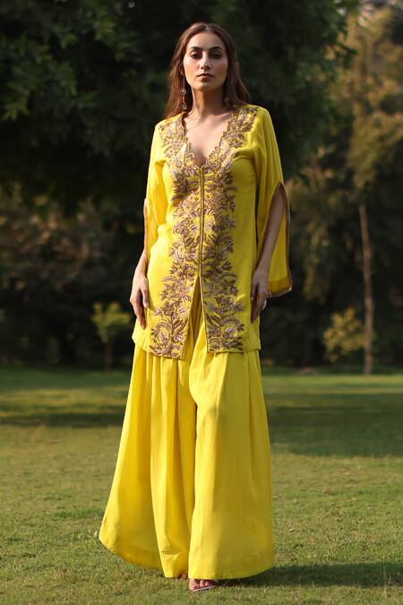 Shop_Nazar By Indu_Yellow Cotton Embroidery Round Neck Tunic And Pant Set _Online_at_Aza_Fashions