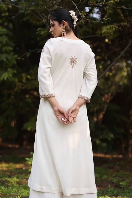 Nazar By Indu_Ivory Cotton Sequins, Embroidery Round Neck Kurta And Palazzo Set _Online_at_Aza_Fashions