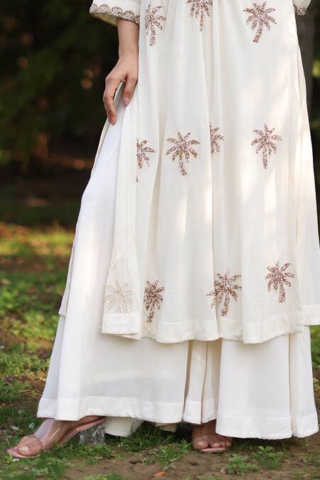 Buy_Nazar By Indu_Ivory Cotton Sequins, Embroidery Round Neck Kurta And Palazzo Set _Online_at_Aza_Fashions