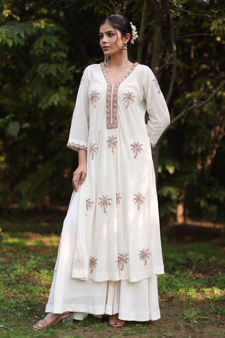 Shop_Nazar By Indu_Ivory Cotton Sequins, Embroidery Round Neck Kurta And Palazzo Set _Online_at_Aza_Fashions