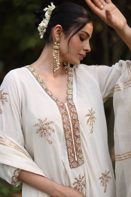 Nazar By Indu_Ivory Cotton Sequins, Embroidery Round Neck Kurta And Palazzo Set _at_Aza_Fashions