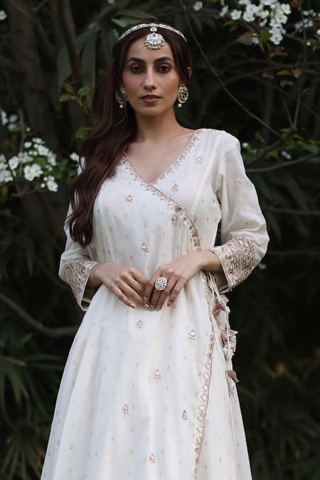 Nazar By Indu_Ivory Cotton Embroidery Round Neck Angrakha Anarkali And Palazzo Set _Online_at_Aza_Fashions