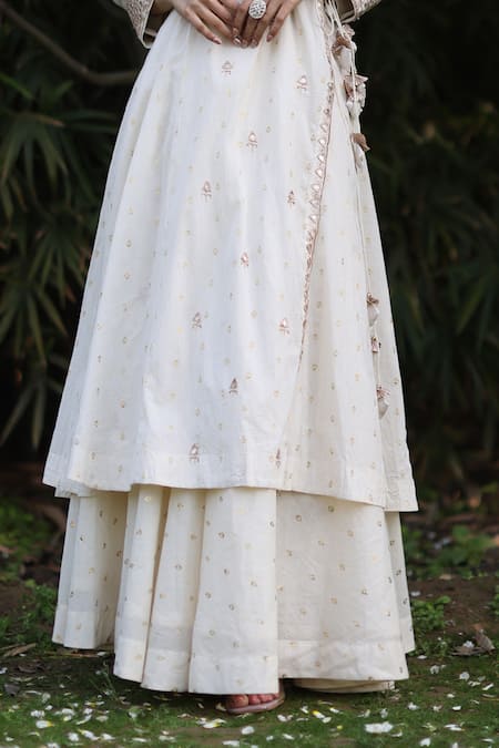 Shop_Nazar By Indu_Ivory Cotton Embroidery Round Neck Angrakha Anarkali And Palazzo Set _Online_at_Aza_Fashions