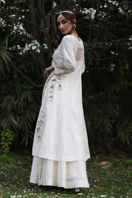 Nazar By Indu_Ivory Cotton Embroidery Round Neck Angrakha Anarkali And Palazzo Set _at_Aza_Fashions