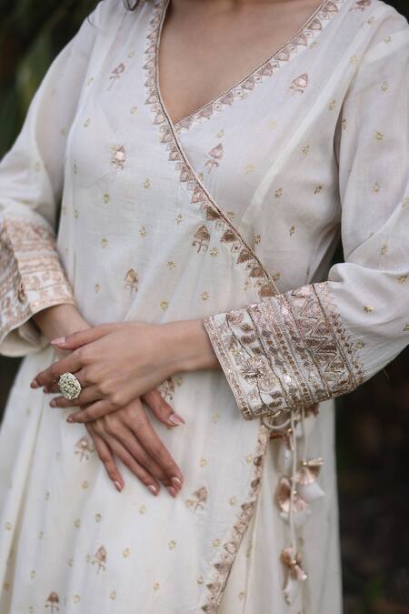 Buy_Nazar By Indu_Ivory Cotton Embroidery Round Neck Angrakha Anarkali And Palazzo Set 