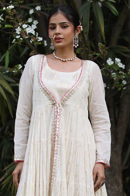 Nazar By Indu_Ivory Cotton Sequins Round Neck Anarkali Set With Inner Slip Dress _Online_at_Aza_Fashions