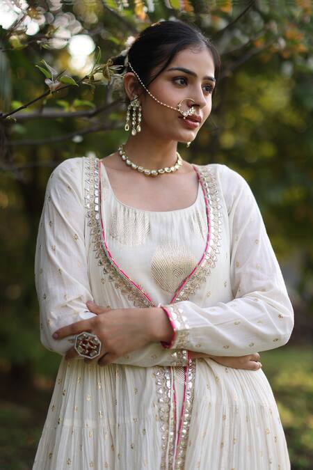 Buy_Nazar By Indu_Ivory Cotton Sequins Round Neck Anarkali Set With Inner Slip Dress _Online_at_Aza_Fashions