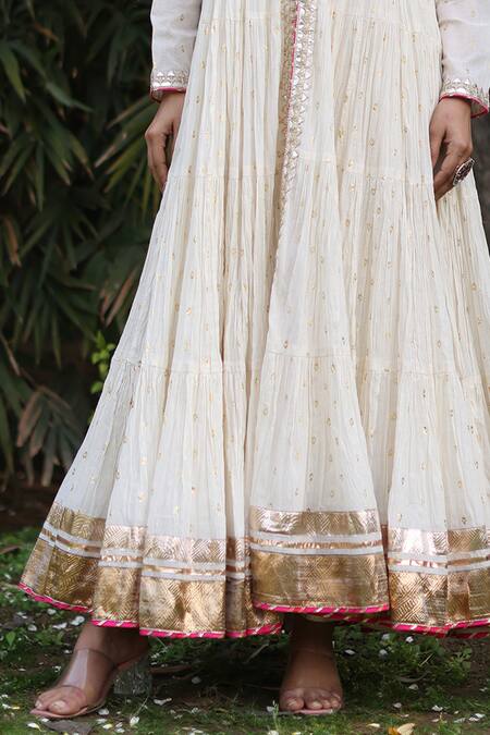 Shop_Nazar By Indu_Ivory Cotton Sequins Round Neck Anarkali Set With Inner Slip Dress _Online_at_Aza_Fashions