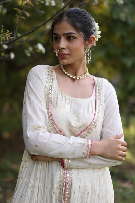 Nazar By Indu_Ivory Cotton Sequins Round Neck Anarkali Set With Inner Slip Dress _at_Aza_Fashions