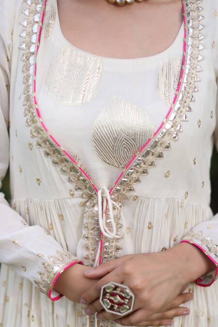 Buy_Nazar By Indu_Ivory Cotton Sequins Round Neck Anarkali Set With Inner Slip Dress 