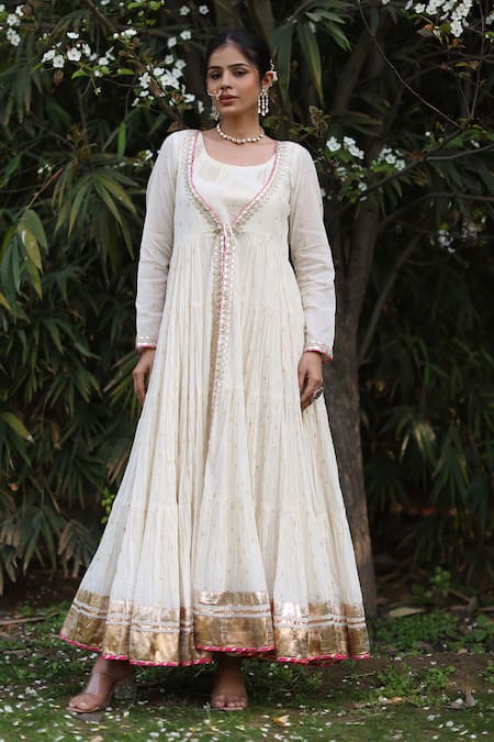 Nazar By Indu Ivory Cotton Sequins Round Neck Anarkali Set With Inner Slip Dress 