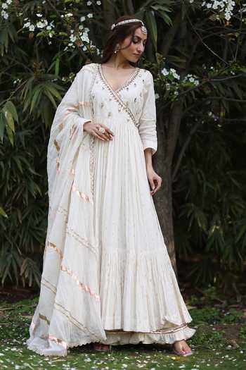 Buy_Nazar By Indu_Ivory Cotton Embroidery Round Neck Kurta Gharara Set _Online_at_Aza_Fashions