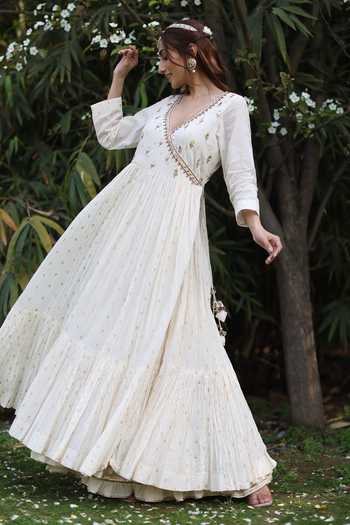 Shop_Nazar By Indu_Ivory Cotton Embroidery Round Neck Kurta Gharara Set _Online_at_Aza_Fashions
