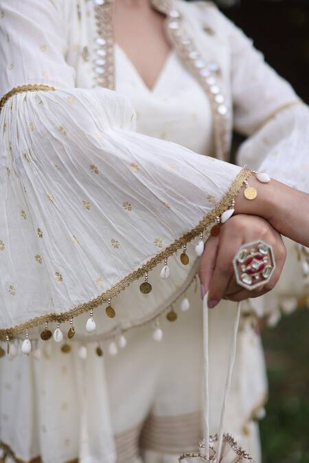 Nazar By Indu_Ivory Cotton Sequins, Embroidery Round Neck 3 Piece Designer Set _Online_at_Aza_Fashions