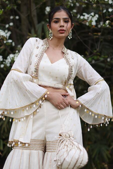 Shop_Nazar By Indu_Ivory Cotton Sequins, Embroidery Round Neck 3 Piece Designer Set _Online_at_Aza_Fashions