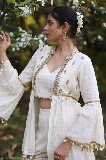 Nazar By Indu_Ivory Cotton Sequins, Embroidery Round Neck 3 Piece Designer Set _at_Aza_Fashions