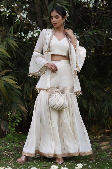 Buy_Nazar By Indu_Ivory Cotton Sequins, Embroidery Round Neck 3 Piece Designer Set 