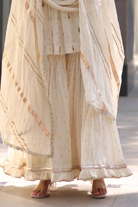 Nazar By Indu_Ivory Cotton Sequins, Embroidery V-neck Kurta Gharara Set _Online_at_Aza_Fashions