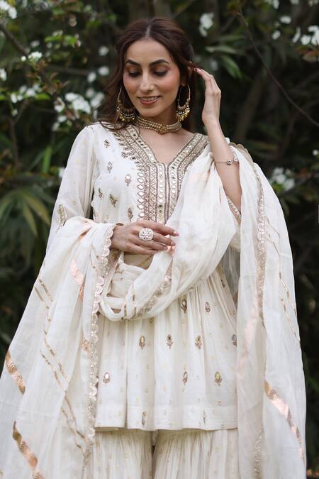 Shop_Nazar By Indu_Ivory Cotton Sequins, Embroidery V-neck Kurta Gharara Set _Online_at_Aza_Fashions