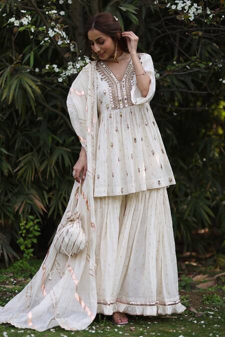Nazar By Indu_Ivory Cotton Sequins, Embroidery V-neck Kurta Gharara Set _at_Aza_Fashions