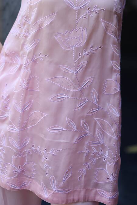 Nazar By Indu_Blush Cotton Embroidery Round Neck Pink Tunic And Pant Set _at_Aza_Fashions