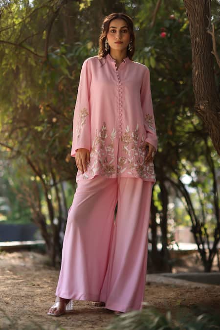Nazar By Indu Blush Cotton Embroidery Round Neck Pink Tunic And Palazzo Set 