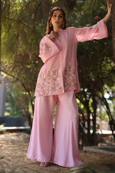 Buy_Nazar By Indu_Blush Cotton Embroidery Round Neck Pink Tunic And Palazzo Set _Online_at_Aza_Fashions
