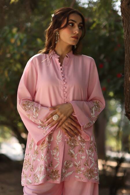 Shop_Nazar By Indu_Blush Cotton Embroidery Round Neck Pink Tunic And Palazzo Set _Online_at_Aza_Fashions