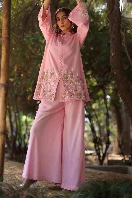 Nazar By Indu_Blush Cotton Embroidery Round Neck Pink Tunic And Palazzo Set _at_Aza_Fashions