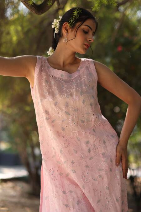 Buy_Nazar By Indu_Blush Organza, Satin Embroidery Round Neck Pink Kurta And Pant Set _Online_at_Aza_Fashions