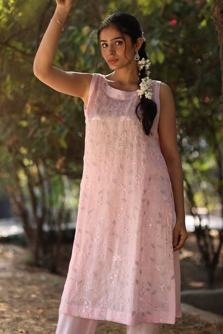 Shop_Nazar By Indu_Blush Organza, Satin Embroidery Round Neck Pink Kurta And Pant Set _Online_at_Aza_Fashions