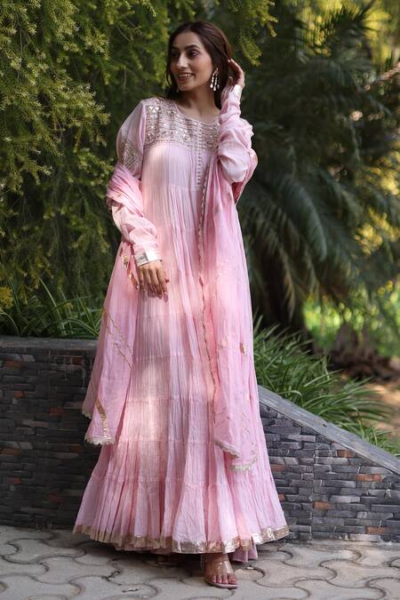 Nazar By Indu_Blush Sequins, Embroidery Round Neck Pink Anarkali With Dupatta _Online_at_Aza_Fashions