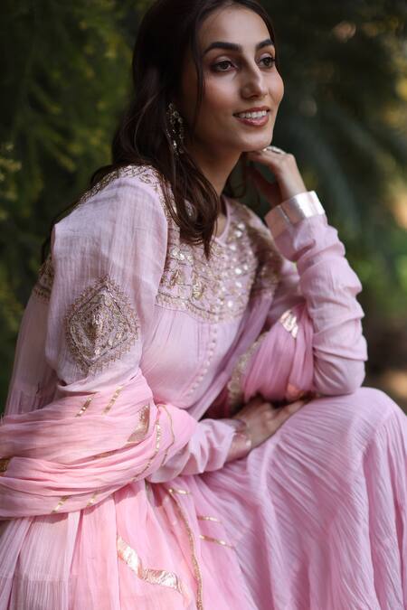 Buy_Nazar By Indu_Blush Sequins, Embroidery Round Neck Pink Anarkali With Dupatta _Online_at_Aza_Fashions