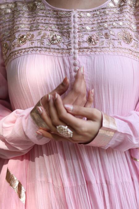 Shop_Nazar By Indu_Blush Sequins, Embroidery Round Neck Pink Anarkali With Dupatta _Online_at_Aza_Fashions