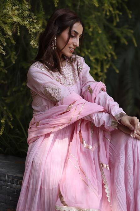Nazar By Indu_Blush Sequins, Embroidery Round Neck Pink Anarkali With Dupatta _at_Aza_Fashions